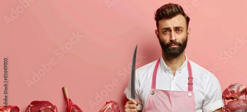 Serious butcher holding knife and showing meat. photo