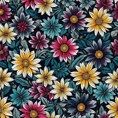 colorful abstract seamless background with flowers and leaf