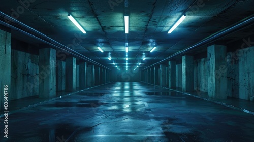 Empty dark underground tunnel, garage, corridor, warehouse with cement floor, asphalt, slab. LED lighting, neon lamps. Generation AI © Ammar