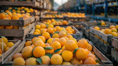 Industrial scene with rows of packed crates of oranges, highlighting the raw wood and fresh fruit, with shipping trucks in the background photo