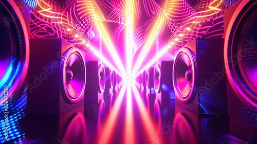 3D rendering  abstract background with glowing neon laser lines  energy waves and bright neon glowing speakers. Suitable for techno  trance  electro  house music events