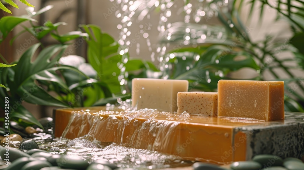 Handcrafted solid shampoo bars in an elegant spa setting, featuring a water fountain, pebbles, and greenery for a soothing effect Handcrafted solid shampoo bars in an elegant spa setting, featuring a water fountain, pebbles, and greenery for a soothing effect