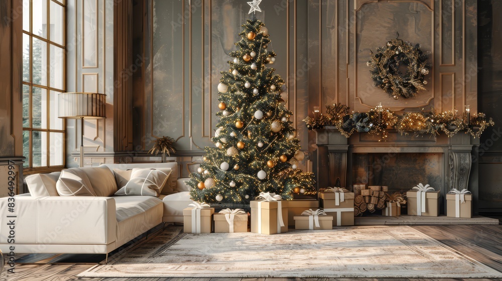 Elegant Christmas tree with gifts and decorations in cozy living room