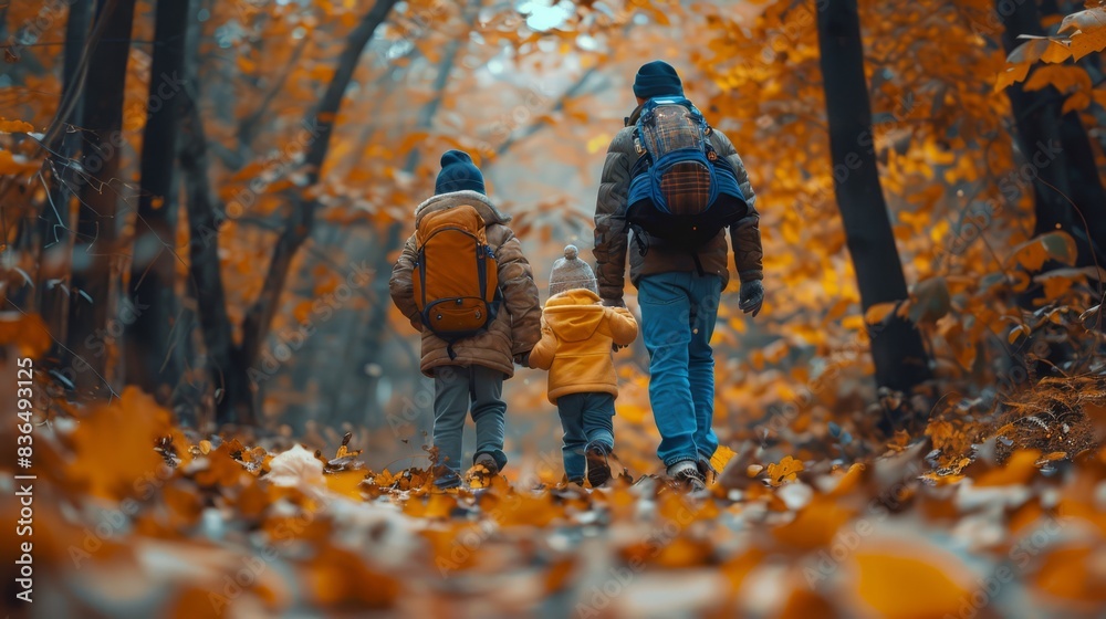 Family enjoying autumn hike with colorful leaves and warm sweaters Family enjoying autumn hike with colorful leaves and warm sweaters
