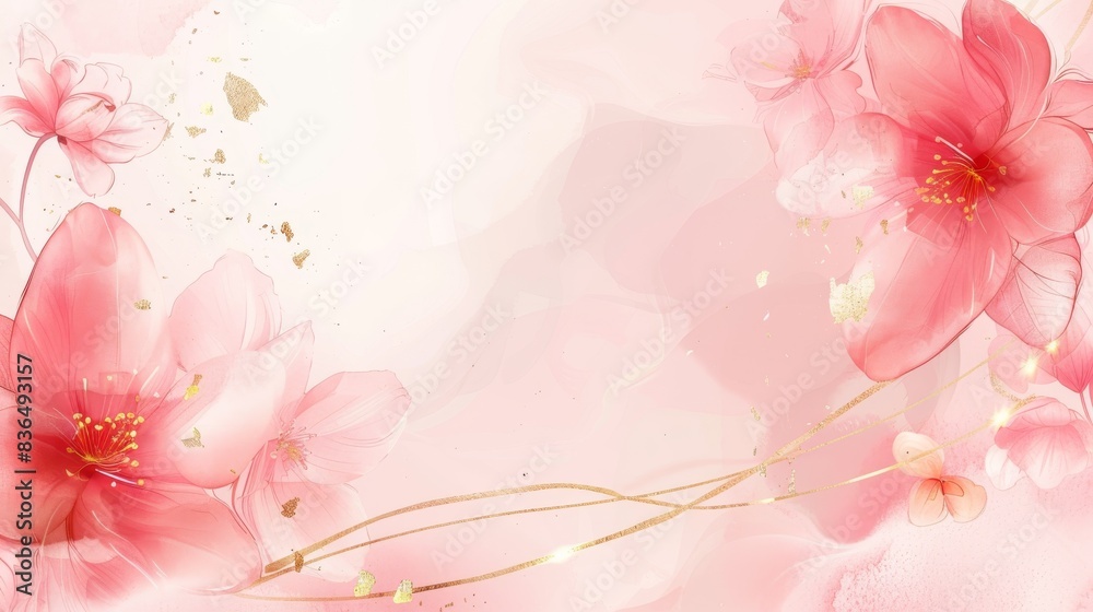 Soft pink background with gold frame border.