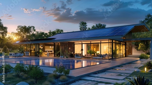 Evening View of Modern Home with Solar Panels. 3D rendering © Ammar