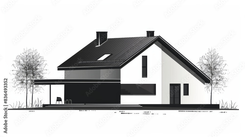 simple minimalistic vector design, modern arcitecture silhouette, private house, gable roof 