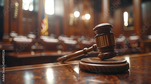 Gavel resting on a judge's desk, close-up shot capturing the weight of justice, with courtroom elements in soft focus