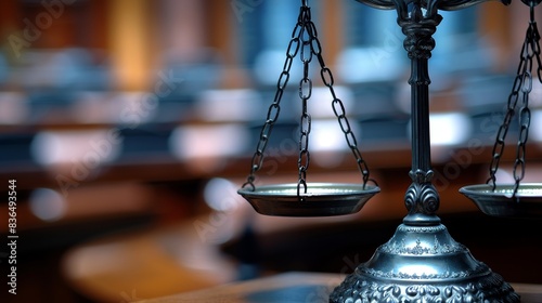 Gavel close-up with the scales of justice faintly visible in the background, symbolizing balance and justice photo