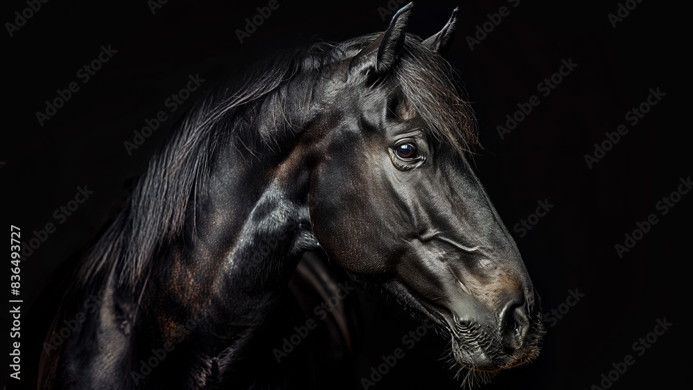 Elegant Portrait of a Black Horse with Glossy Coat Against a Dark Black Background Elegant Portrait of a Black Horse with Glossy Coat Against a Dark Black Background