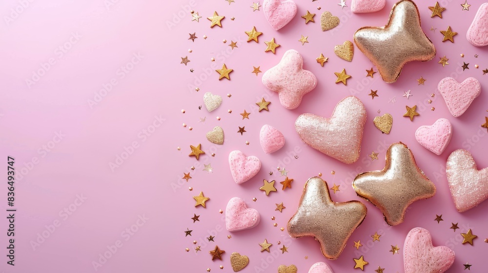Romantic pink background with gold hearts and stars. Romantic pink background with gold hearts and stars.