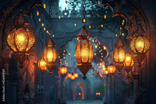 Sharp focus on intricately designed lanterns against a vibrant Islamic backdrop. photo