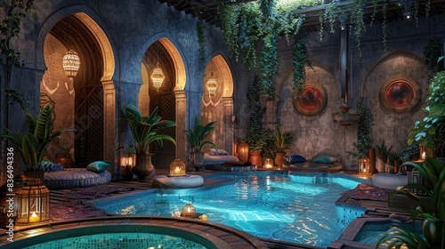 Fantasy interior Turkish baths. Traditional Arabic interior with plants and oriental arches and lanterns. AI photo