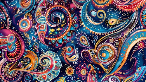 Develop a vibrant, paisley pattern with intricate, swirling shapes in jewel tones, perfect for bohemian fashion or eclectic decor