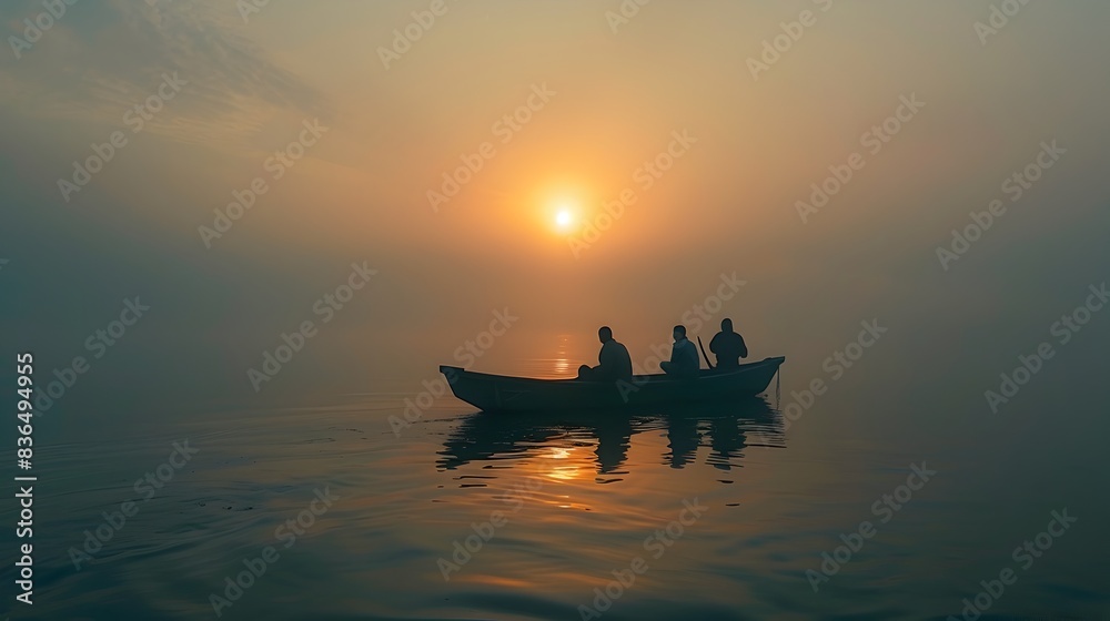 Silhouetted Fishermen in Boats Crossing Serene Lakeside at Sunset Silhouetted Fishermen in Boats Crossing Serene Lakeside at Sunset