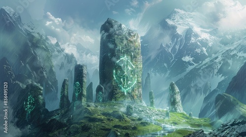 Fantasy mountain landscape with ancient magical runes. AI generation