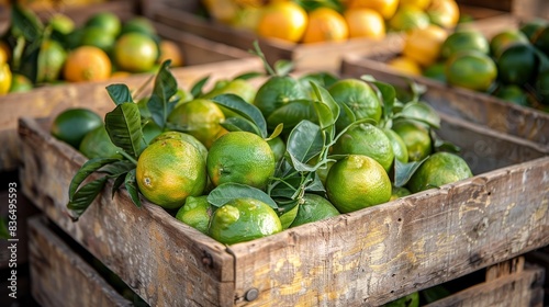 Freshly harvested bergamot packed in wooden crates, arranged neatly for shipment, detailed close-up