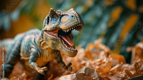 Detailed toy T-Rex dinosaur near a paper shred gift box  high-contrast lighting