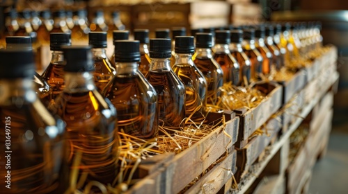 Detailed shot of oil bottles packed in straw-filled crates, arranged systematically for delivery photo