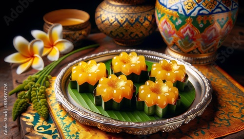 Thong Yod, a traditional Thai dessert made from egg yolks, sugar, and coconut milk, arranged in a flower shape on a banana leaf and presented on a silver tray. The dessert is set against a backdrop