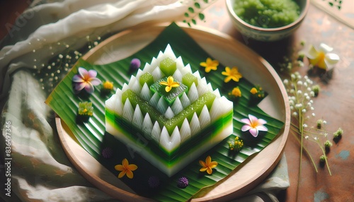 Khanom Chan with Geometric Pattern  traditional Thai dessert  arranged in a pyramidal shape with a geometric pattern. The dessert is placed on a banana leaf platter and surrounded by delicate flowers 