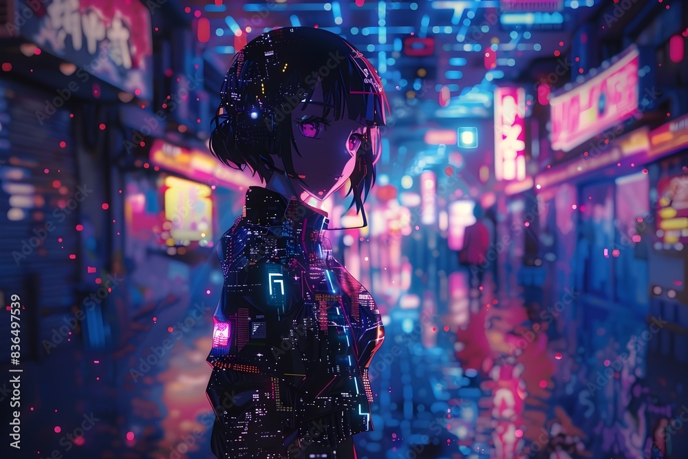 Futuristic Anime Character in Neon-Lit Dystopian City Landscape Futuristic Anime Character in Neon-Lit Dystopian City Landscape