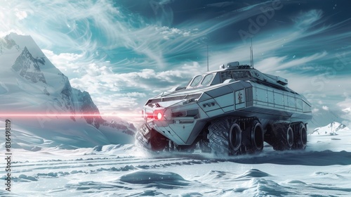 Futuristic armored vehicle on icy terrain, sci-fi concept art, dramatic sky with clouds and laser beams, high resolution, cinematic style, photorealistic,