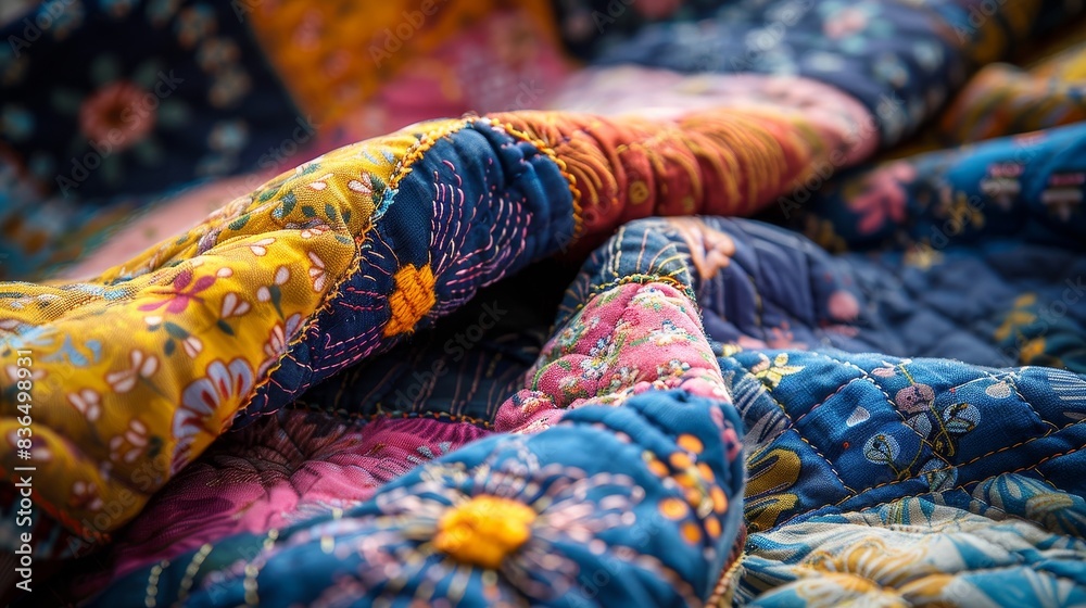 Fototapeta premium Detailed close-up of a handcrafted patchwork bedspread, featuring a harmonious blend of colorful fabric pieces and decorative stitching
