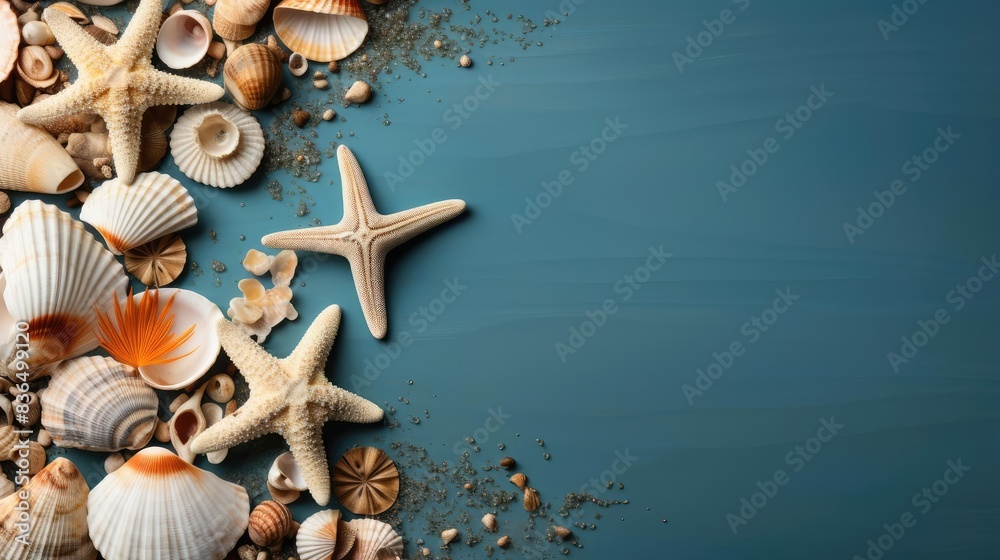 Fototapeta premium top view of summer background with topic concept and tropical plants for banner or poster