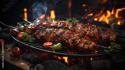 Delicious grilled yakitori with vegetable toppings  blur background