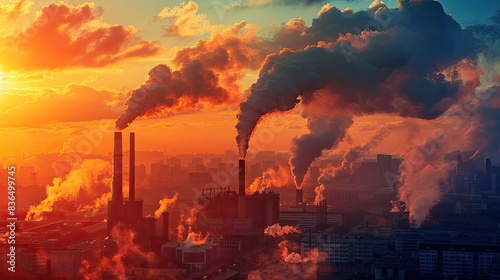 Environmental problem of environmental and air pollution. Smoking factory chimneys with co2 emissions. copy space    