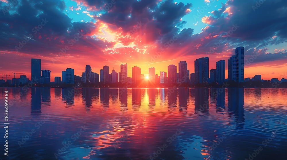  A vibrant cityscape at sunset, with the city buildings reflecting off the calm water.
