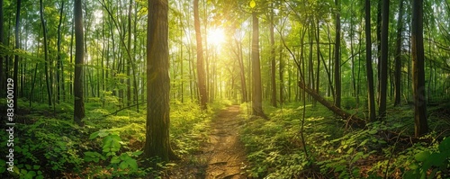 green forest with trees and sunlight shining through the leaves  path in woods  nature background panorama