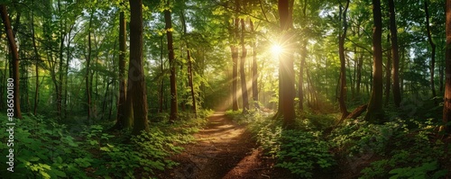 green forest with trees and sunlight shining through the leaves  path in woods  nature background panorama
