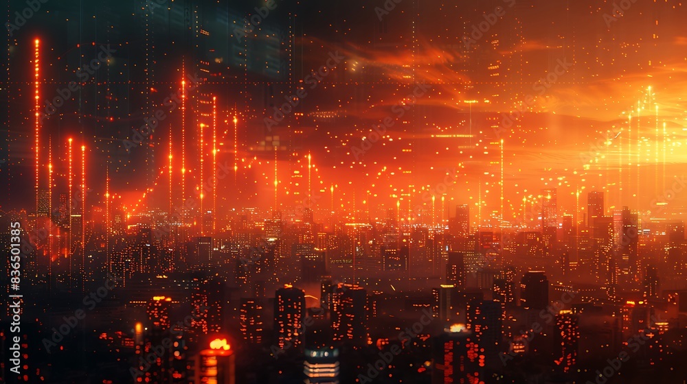 A cityscape during dusk, with a sky filled with a gradient of orange ...
