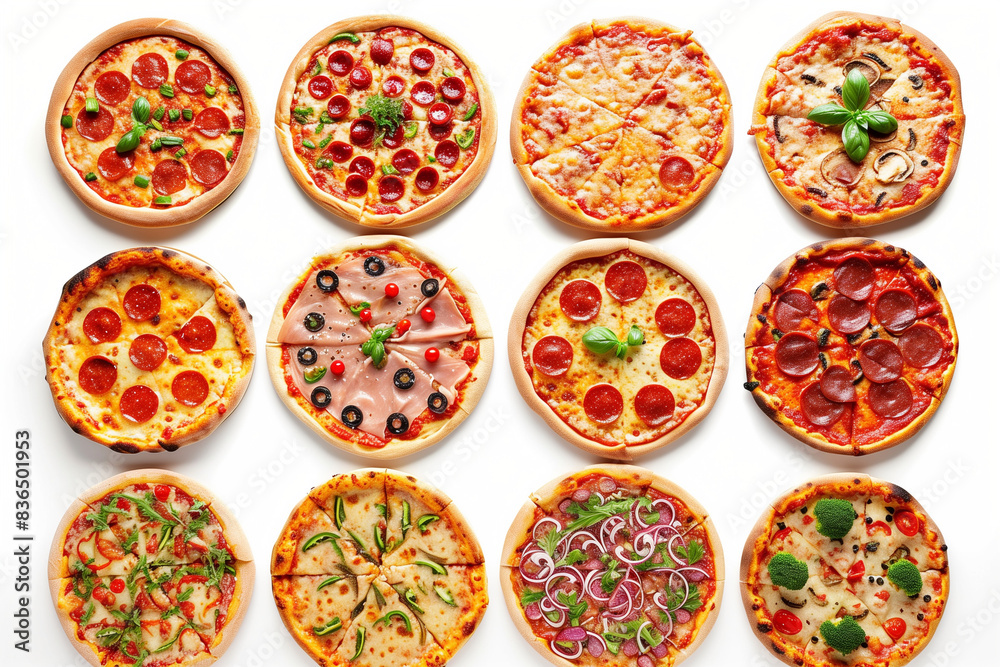 Different pizzas set on white background, top view. Choose your pizza concept
Different pizzas set on white background, top view. Choose your pizza concept
