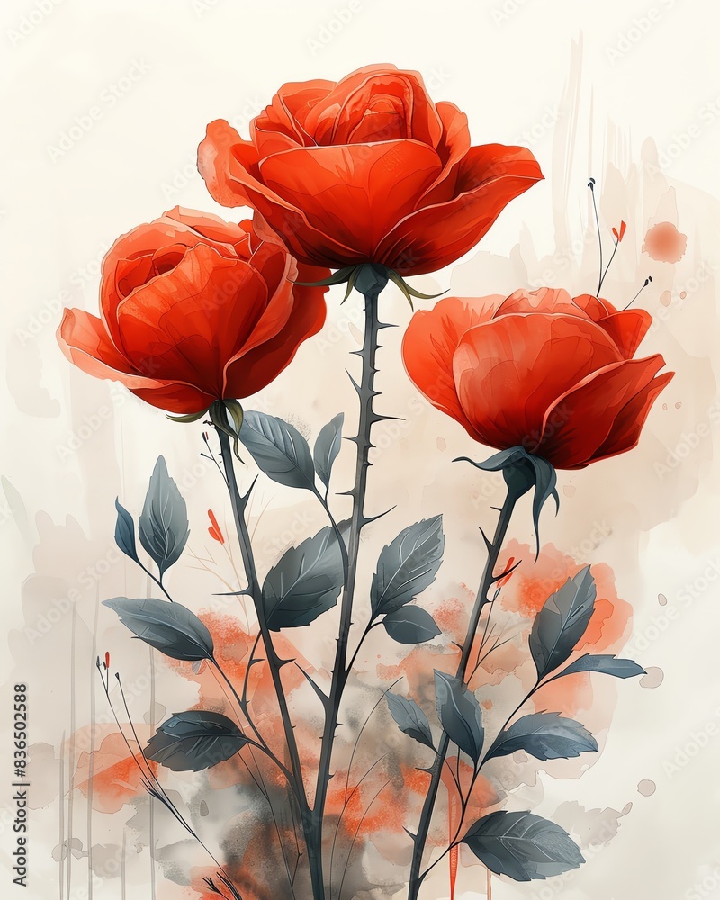 Beautiful watercolor of three red roses with delicate grey leaves and subtle splashes on a light background. Beautiful watercolor of three red roses with delicate grey leaves and subtle splashes on a light background.