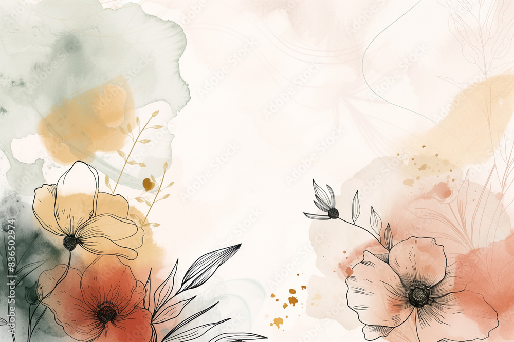 Illustration of abstract watercolor art background in boho style, luxury invitation card template with line art flower bouquet, bohemian style illustration for wedding stationery, invites, floral post