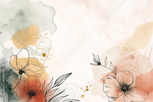 Illustration of abstract watercolor art background in boho style, luxury invitation card template with line art flower bouquet, bohemian style illustration for wedding stationery, invites, floral post