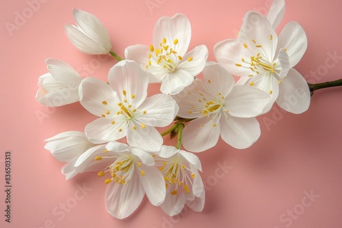 Template white flowers with yellow stamens placed on a pink background. © Anayat
