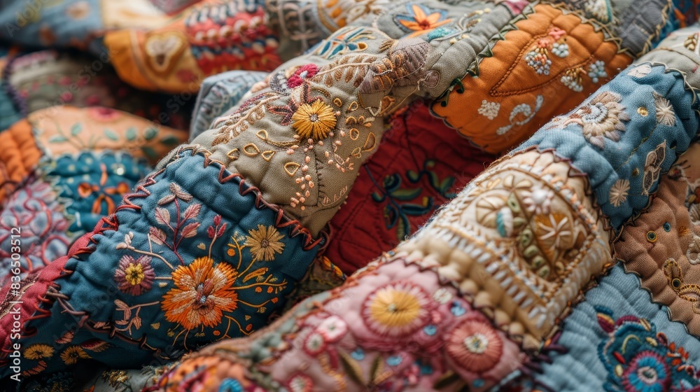 Close-up shot of a patchwork quilt, featuring an assortment of natural fabrics in different colors and patterns, adorned with delicate embroidery Close-up shot of a patchwork quilt, featuring an assortment of natural fabrics in different colors and patterns, adorned with delicate embroidery