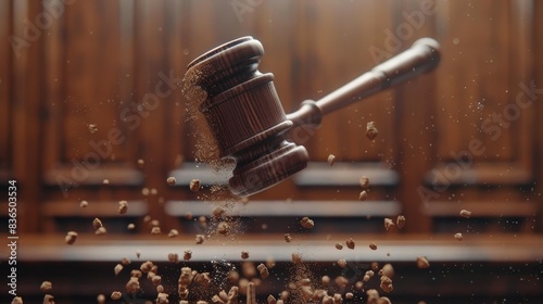 Close-up shot of a judge's gavel in mid-air about to strike, wooden details visible, symbolizing justice photo