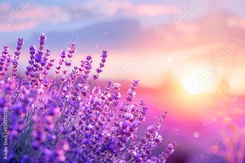 Lavender flower field in sunset light  closeup view of purple flowers during summer against a blue sky background  French Provence landscape