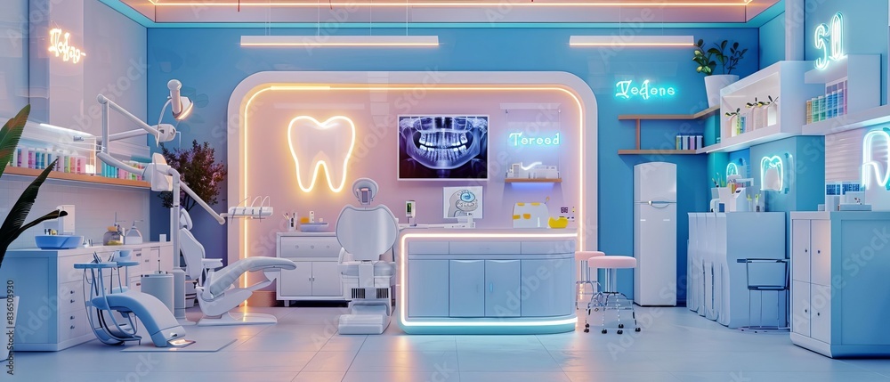 Obraz premium Futuristic dental clinic with neon lights and modern equipment, ready for patient care in a vibrant, clean environment.