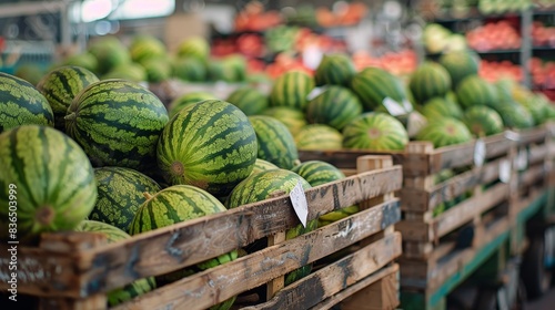 Close-up of packed crates with ripe watermelons, labels attached, ready for shipment in a bustling farm loading area