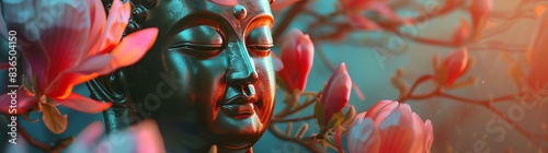 buddha head with magnolia flowers, cinematic lighting, colorful, spiritual figures.