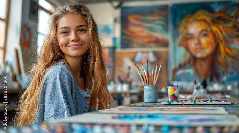 Fototapeta premium Art Class Creativity: Students Painting and Drawing in Art Studio