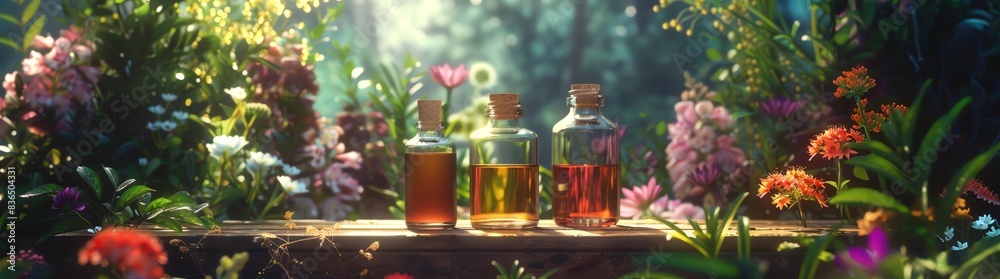 A wooden box with glass bottles of essential oils stands on a table in an enchanted forest, surrounded by colorful flowers and greenery A wooden box with glass bottles of essential oils stands on a table in an enchanted forest, surrounded by colorful flowers and greenery