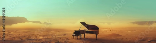 A grand piano in the middle of an endless desert, surrounded by vast desert sizes, in the style of illustration, beautiful, an oil painting, watercolor, colorful, soft light, smoot