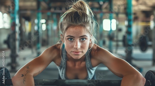 Determined woman doing push-ups at the gym, focused expression, grit and determination.